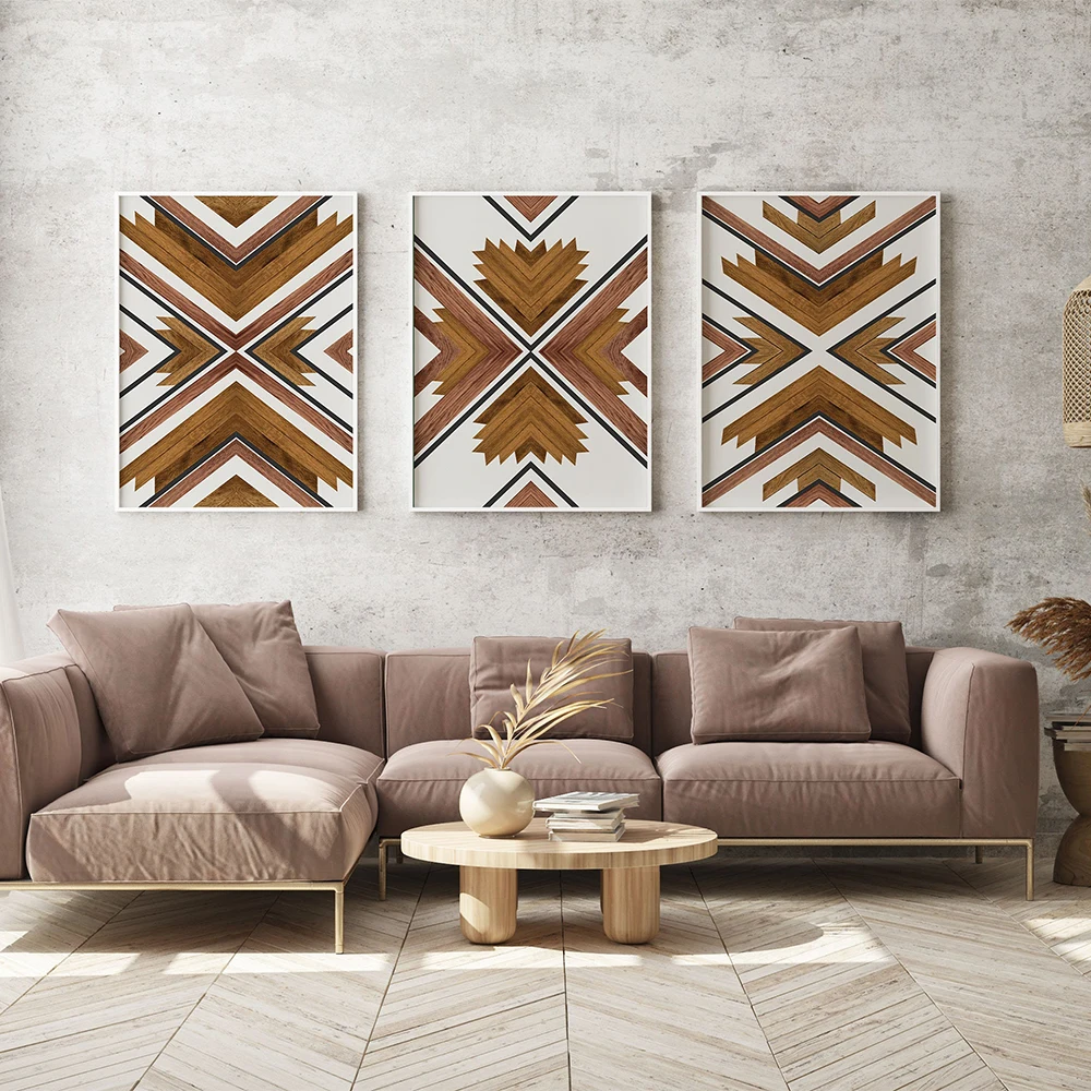 Aztec Boho Wooden Art Prints Minimalistic Wall Pictures for Living Room