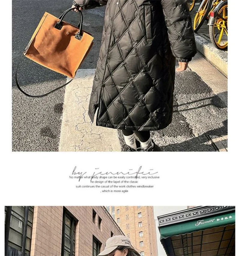 2025 Autumn Winter New Down Cotton Jacket Women's Long Over Knee Loose Jacket Diamond Grid Quilted Jacket Fake Two-Piece Parka