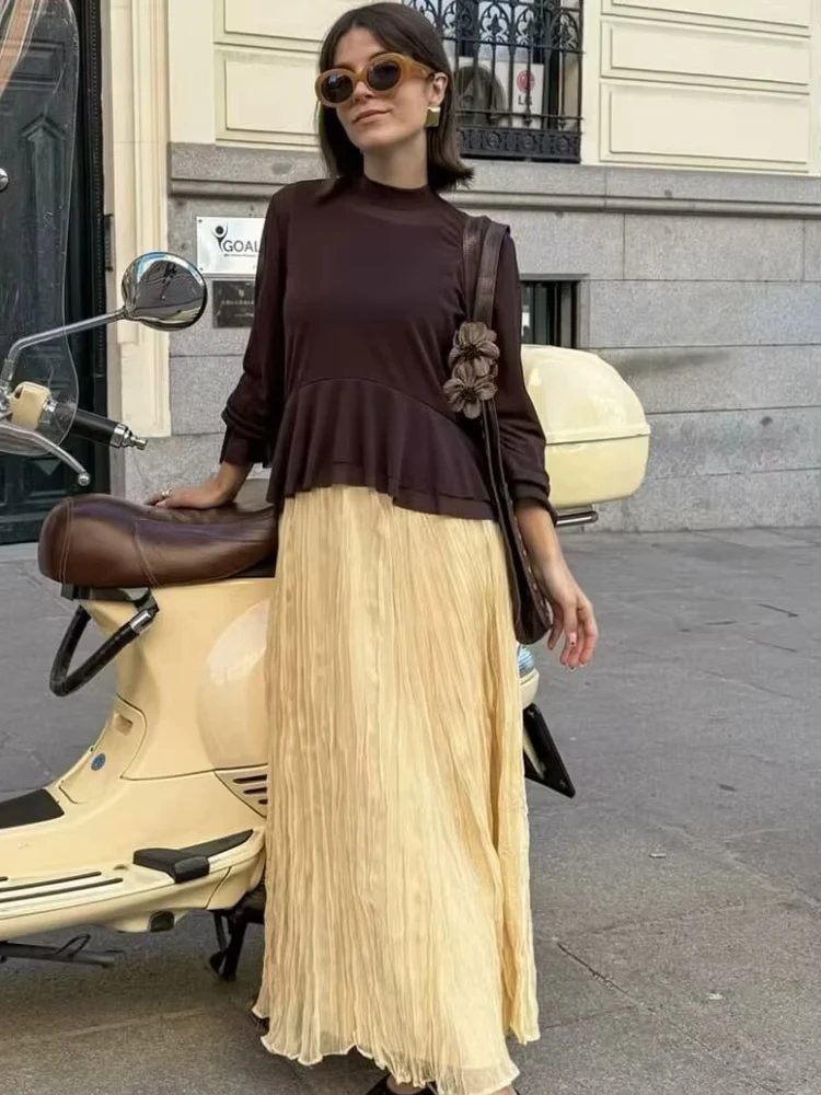 HH Women 2025 Fashion Yellow Pleated Midi Skirt High Waist  Elastic Waist Skirts Summer Loose Casual Maternity Tulle Skirt