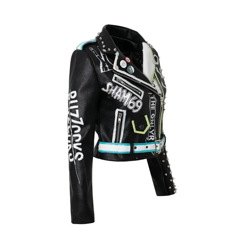 Streetwear Biker Leather Jacket for Women 2024 Punk Style Rivets Graffiti Print Contrast Stitched Faux Leather Cropped Jackets