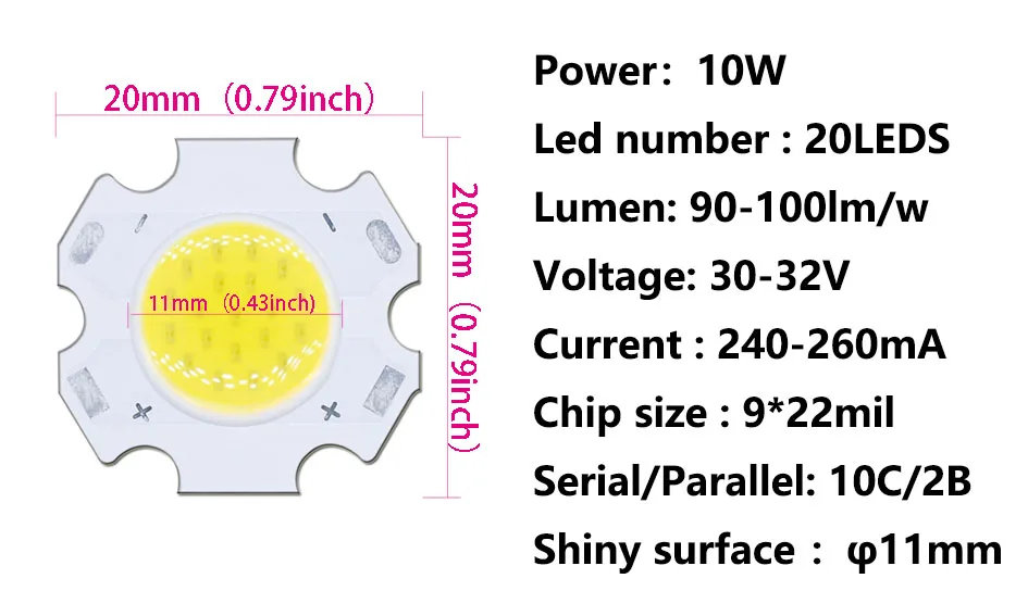 40 Stück 3W 5W 7W 10W 240-260mA LED-Quellenchip Hochleistungs-LED COB seitlich 11mm für Glühbirnen, Strahler, Downlights, Lampen, Kaltweiß – Detail 5