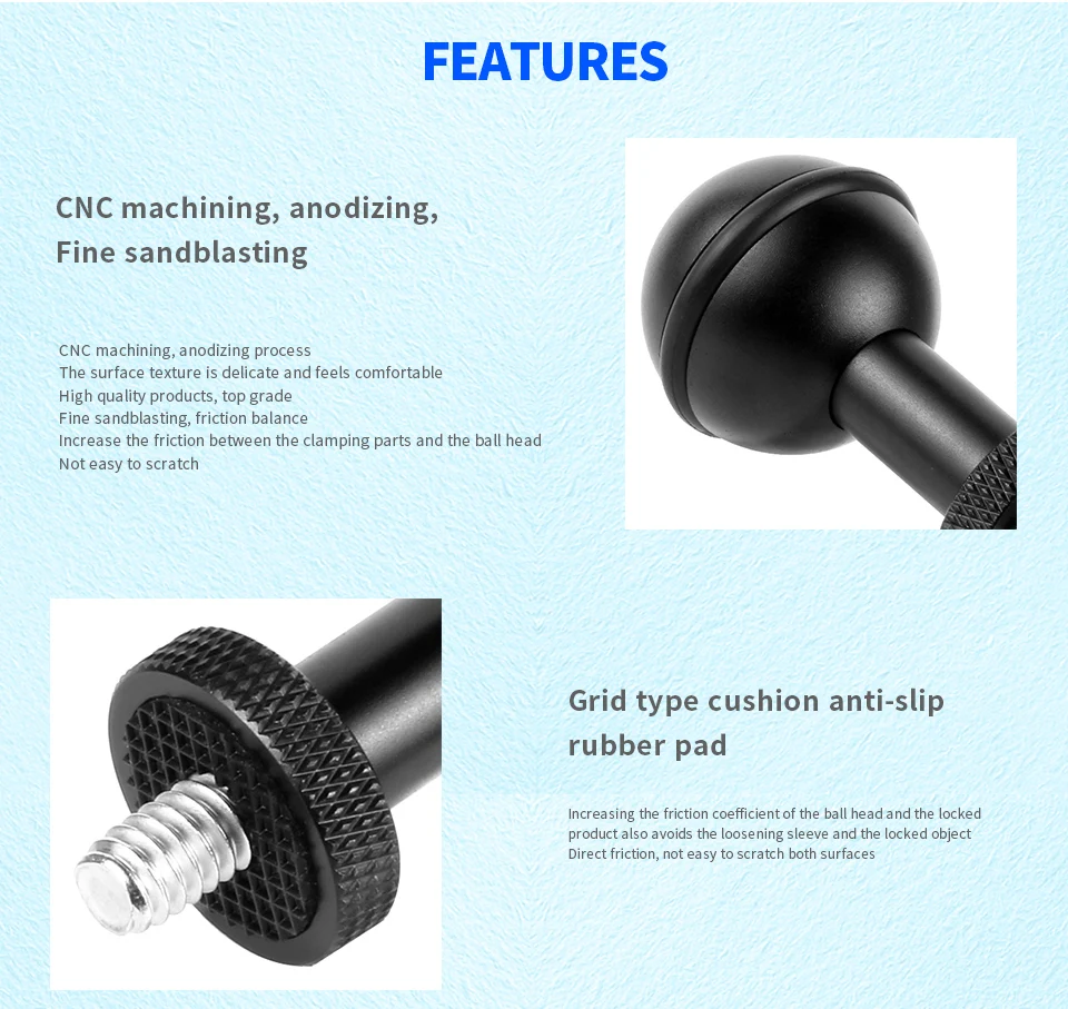 BGNing Aluminium 1-Zoll-Kugelkopfhalterung mit 1/4' 3/8' M5 Gewindeschrauben-Loch für Unterwasser-SLR-Kamerahalterung Stativ-Clip-Adapter – Detail 40