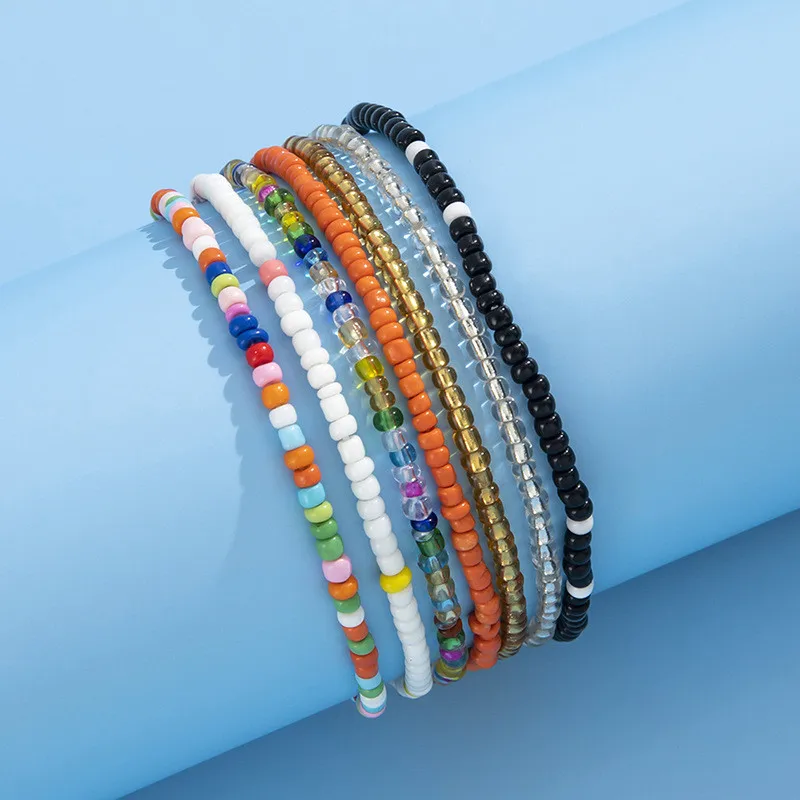 7pcs/Set Handmade Beaded Anklet Bracelets Rainbow Color Elastic Ankle Bracelet On The Leg Foot Beach Jewelry bead bracelet beads anklet
