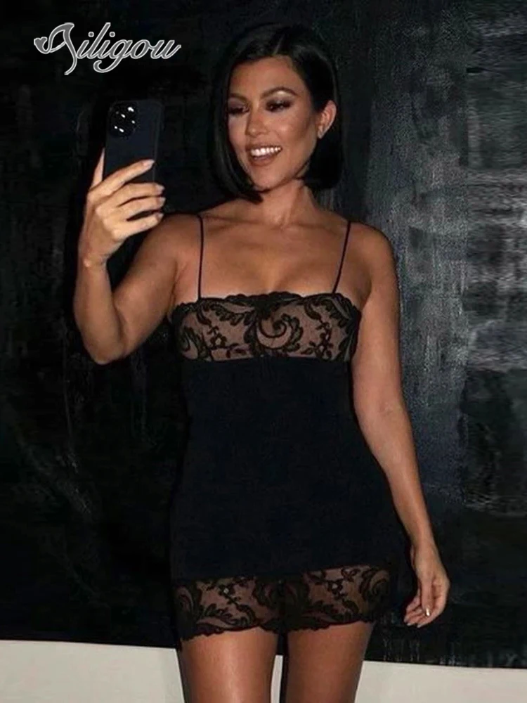 

Ailigou 2022 New Summer Women's Black Spaghetti Lace Sexy Skinny Mini Bandage Dresses Celebrity Runway Party Club Dresses