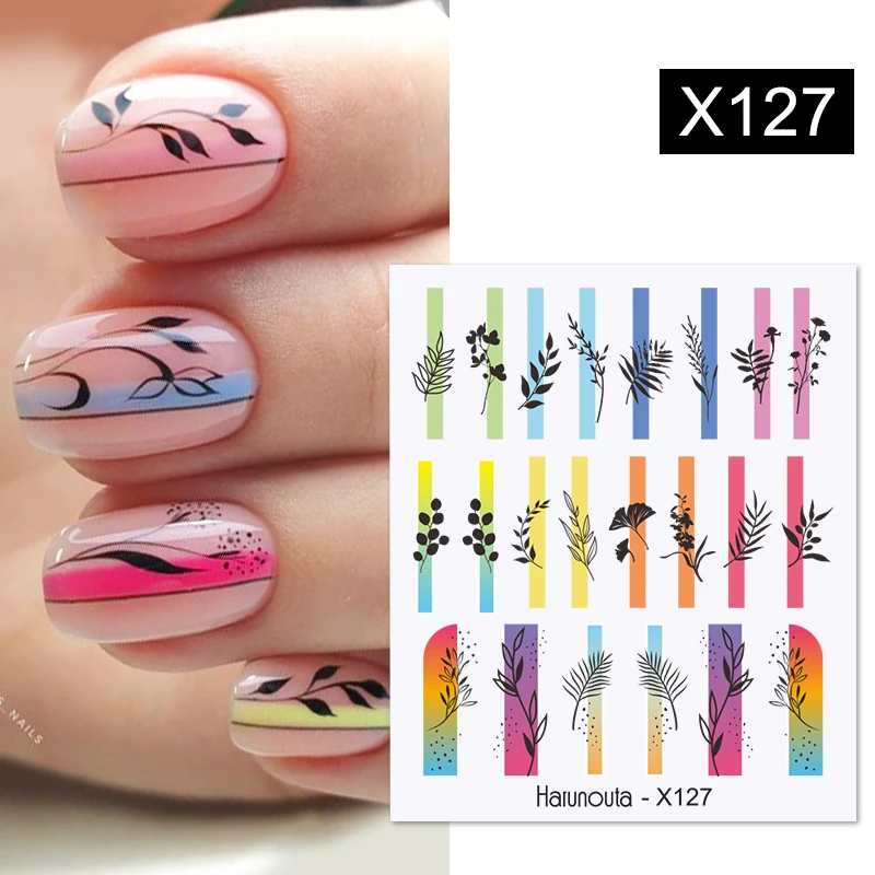 Harunouta Geometric Color Block Line Leaf Flower Water Decal Sticker Spring Simple DIY Slider For Manicuring Nail Art Watermarks