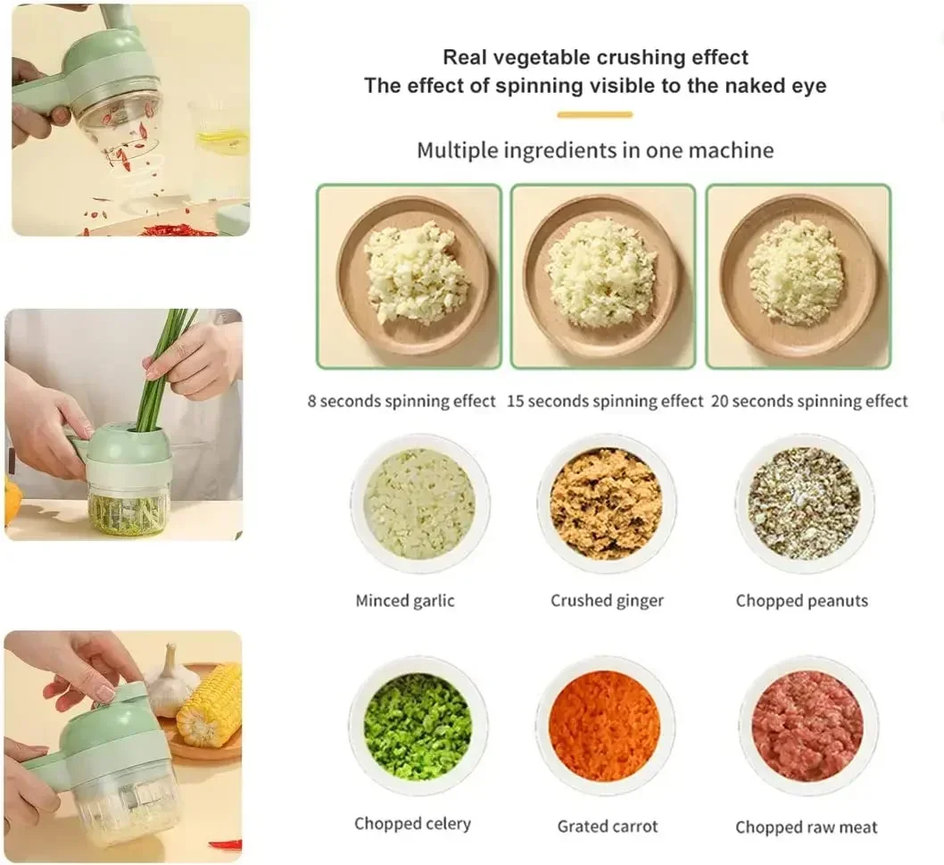 Handheld Electric Vegetable Cutter Set,Wireless Food Processor for Garlic Chili Pepper Onion Ginger Celery Meat with Brus 5