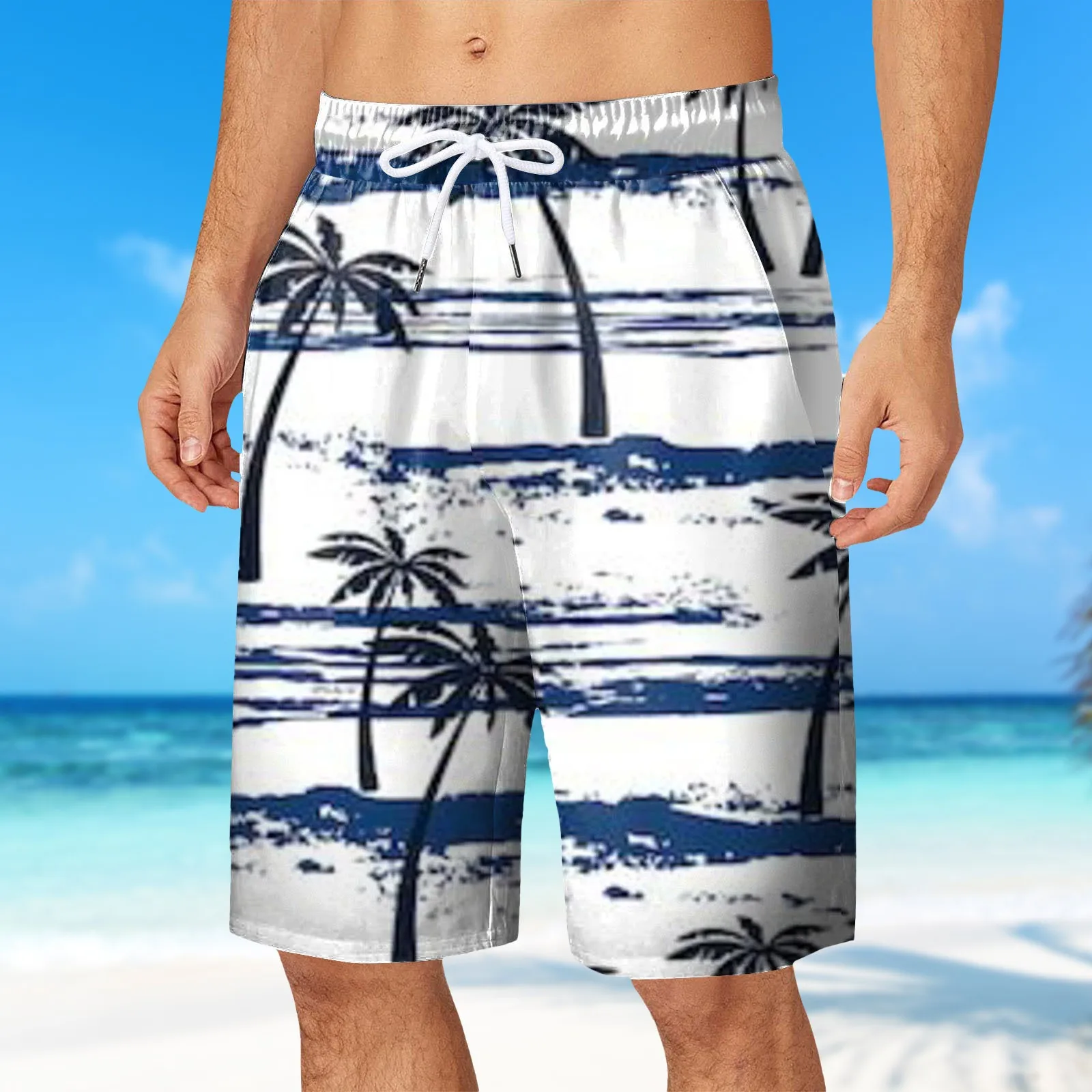 

Мужские летние пляжные шорты на шнурке с цифровым принтом и эластичным поясом