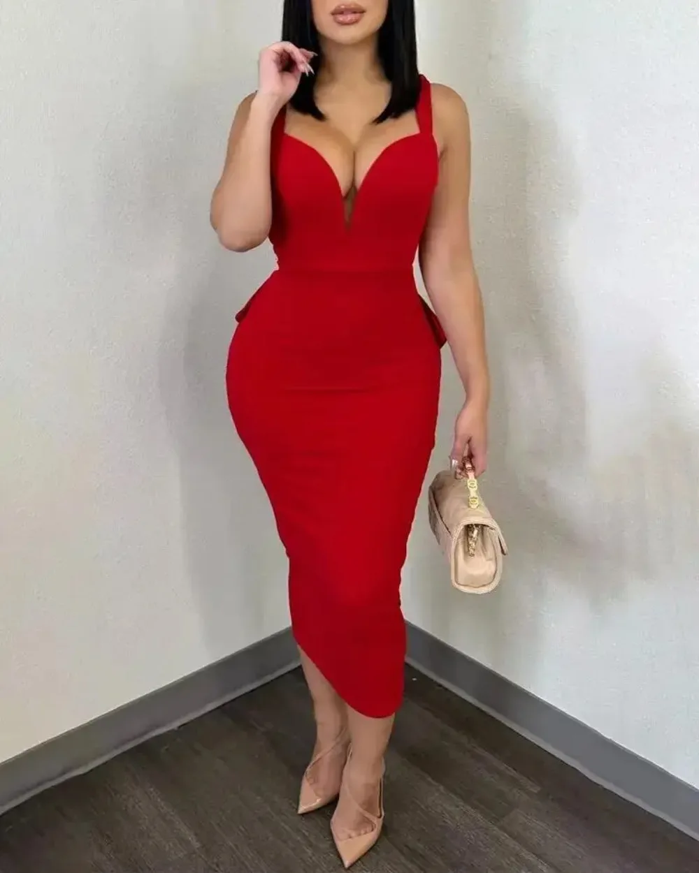 

Women Plunge Ruffle Hem Backless Party Dress 2024 Spring Autumn Sexy Open Back Solid Color Midi Bodycon Dress Female Clothes New