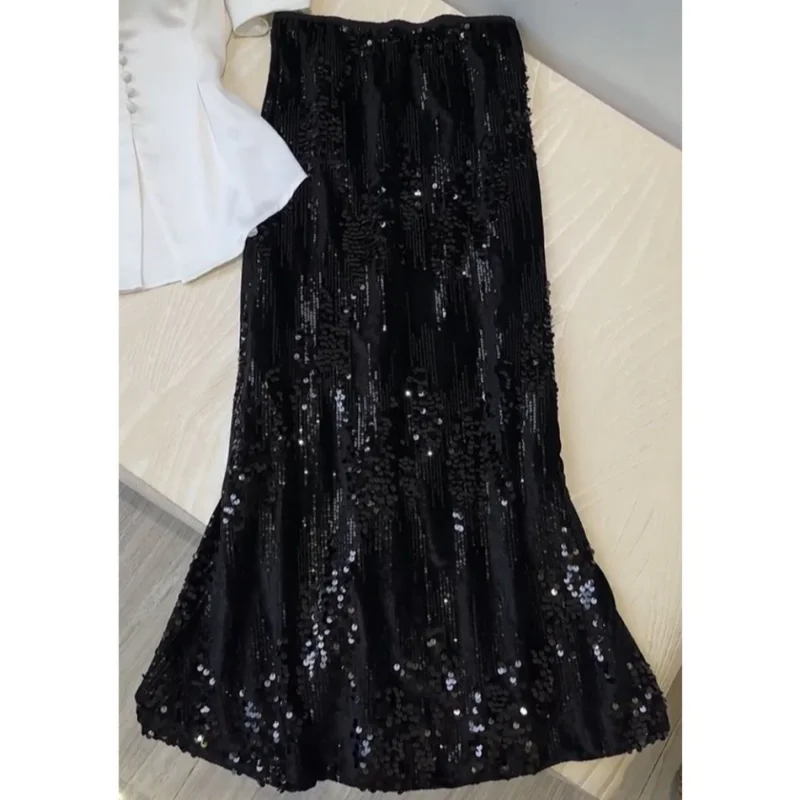 A Niche Style Waist Up White Short Sleeved Shirt Summer Belly Covering Sequin Fish Tail Half Skirt Commuting Two-piece Set