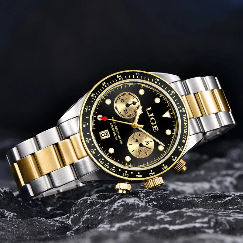 LIGE Luxury Gold Mens Quatz Watches Stainless Steel Chronograph Waterproof Wristwatch Date Lume Males Watch For Men 2024 NEW