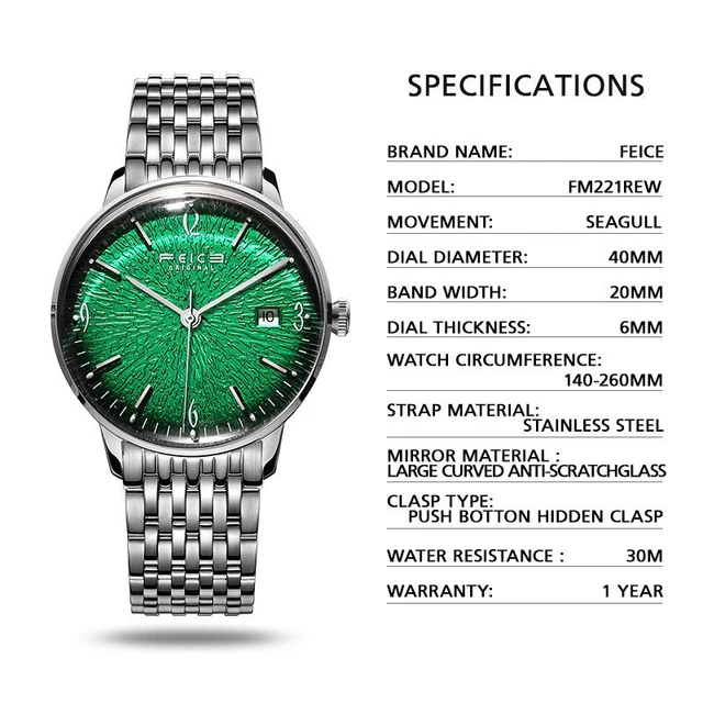 Automatic Watches for Men Ultra Thin Stainless Steel Arc Mirror BIG Green Dial Watch Luxury Business Watch FM221REW 6