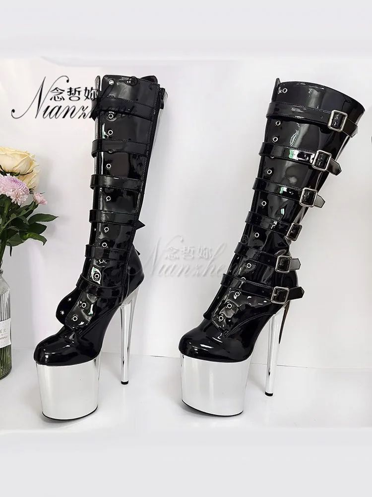 

Round Toe Platform Super High Heels Mid-Calf Women's Strip Pole Dance 20cm Gothic Exotic Dancer Boots Belt Buckle Queen Catwalk