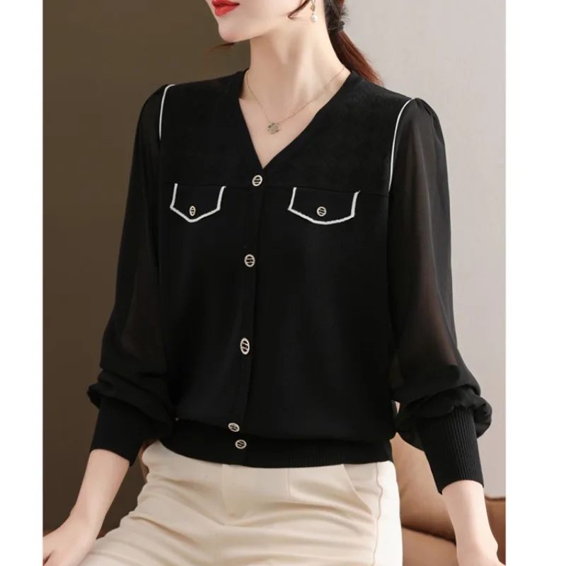 

Spring Autumn Women's Solid V-Neck Pullover Button Pockets Gauze Lantern Long Sleeve Fashion Casual Elegant Office Lady Tops