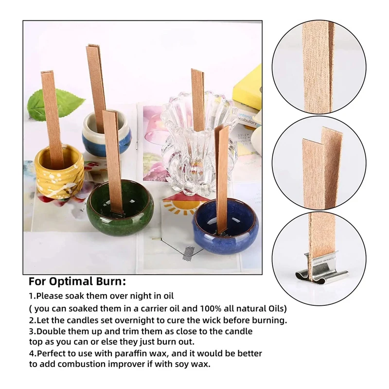 100 Pack Wooden Candle Wicks For Candle Making, 6Inch Burst Wood Wicks/Smokeless Wicks With Metal Base Clip