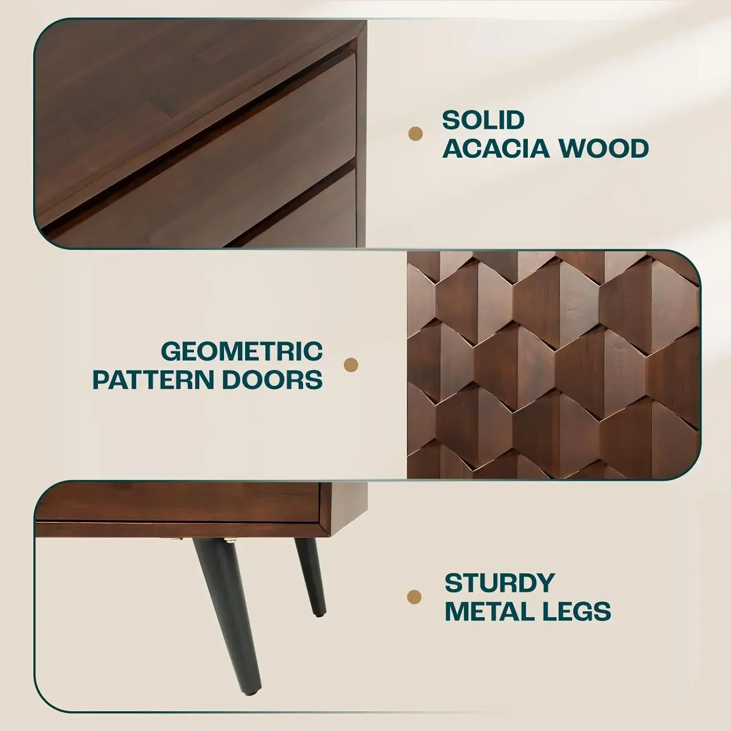 Sideboard Georgina Solid Wood 2 Doors & 3 Drawers, Cabinet with Geometric Pattern for Kitchen, Dining, Living Room