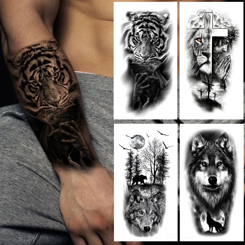 Temporary Tattoos Waterproof Men Women Animal Lion Tiger Bear Wolf Crown Body Art Arm Fake Tatoo
