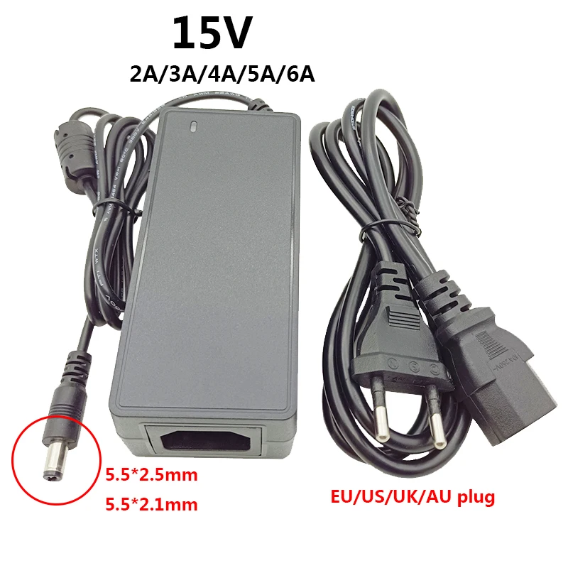 Universal 15V Power Supply Adapter with Multiregional Plugs (UK, AU, US, EU) – Versatile Voltage Support (2A to 6A)