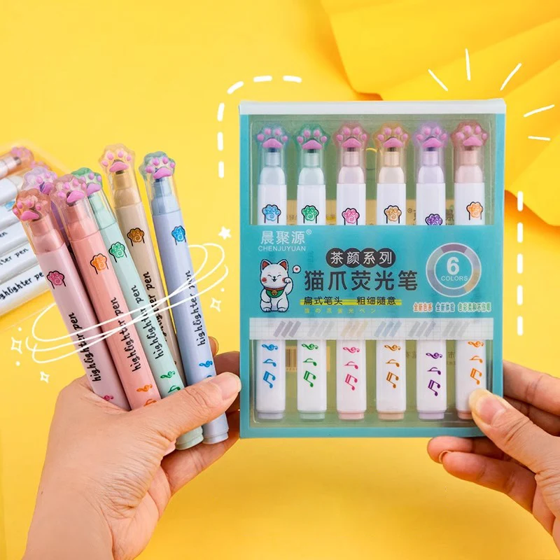 

6pcs Highlighter Pens Oblique Head Art Markers Brush Pens Korean Stationery Painting Manga Marker Pens School Office Supplies