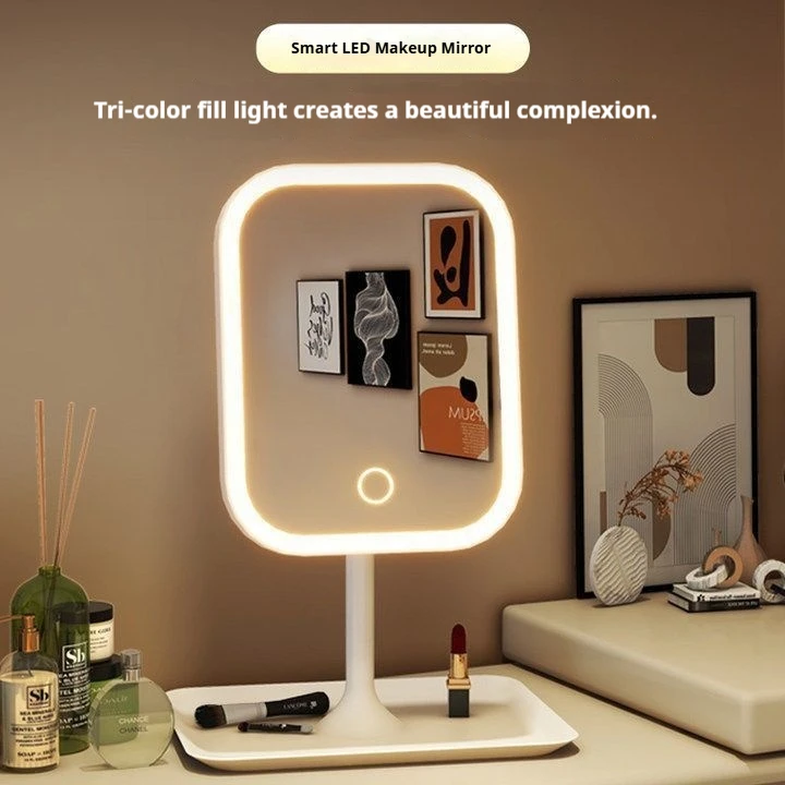 กระจกแต่งหน้าแบบสัมผัสควบคุม พร้อมไฟ LED ชาร์จได้ ปรับความสว่างได้ 3 สี สำหรับใช้ในบ้าน เดินทาง พกพาสะดวก 1