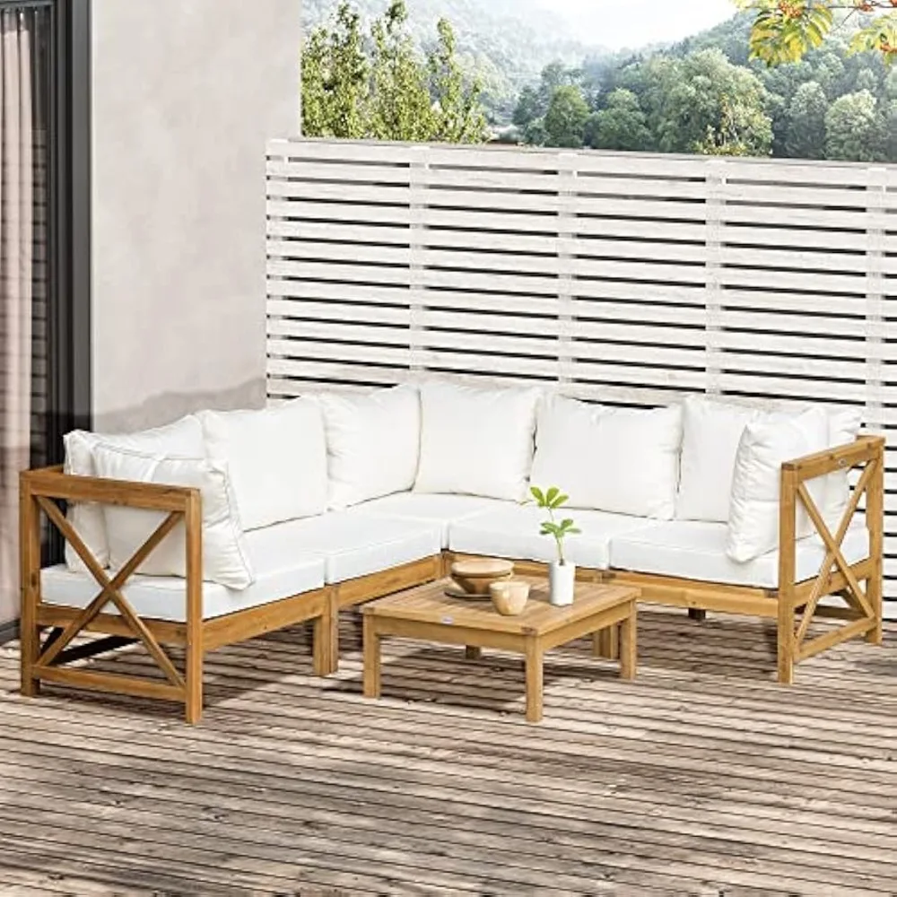 6-piece wooden patio furniture set, outdoor sofa with cushions, coffee table, acacia wood conversation set, cream white
