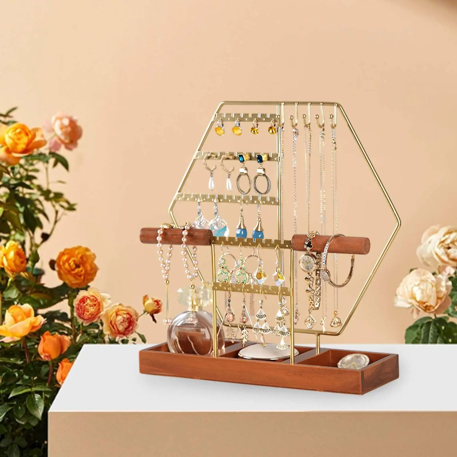 Jewelry Display Stand Jewelry Storage Rack Dressing Table Ear Studs Rack with Wood Tray for Anklet Necklaces Bracelets