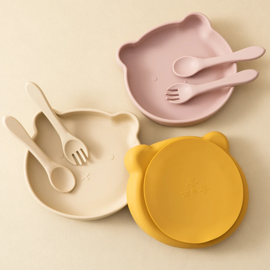 3PCS Silicone Baby Dishes Soft Spoon Fork Cartoon Bear Plate Suction Lunch Box Solid Color Baby Food Storage Toddler Tableware 3