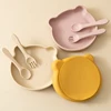 3PCS Silicone Baby Tableware Snack Dishes Soft Spoon Fork Cartoon Bear Plate Solid Color Baby Food Storage Suction Lunch Box 4