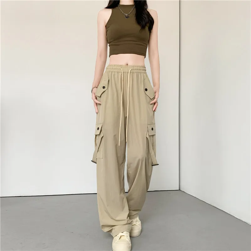 

2023 new Cargo pants women's summer thin high waist casual wide leg American fast drying leggings loose pants