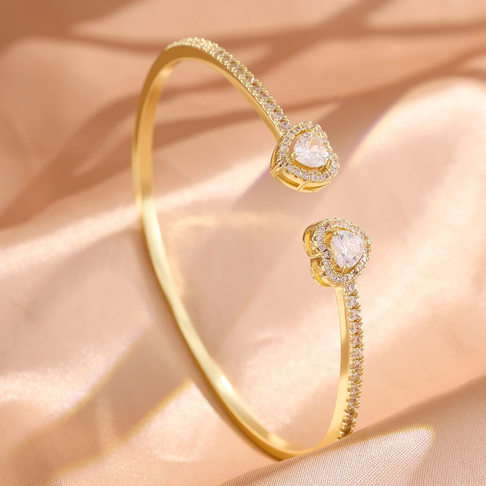 Yupsk 1/3pcs 18K Gold Plated Stainless Steel Heart Bracelet Set Fashion Zirconia Open Bangle Women's Bracelet Set For Daily Wear 5