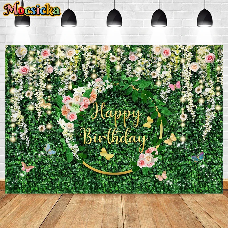 

Mocsicka Green Grass Wall Happy Birthday Background Golden Circle Flowers Custom Wedding Backdrop Party Decor Photo Shoot Studio