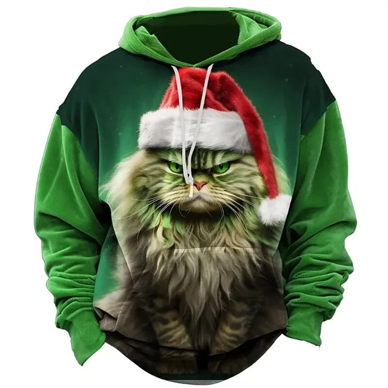 Cat Christmas Hoodies Men Christmas Animal Print Long Sleeve Sweatshirt Autumn Winter Men Clothing Fashion Holiday Casual Tops