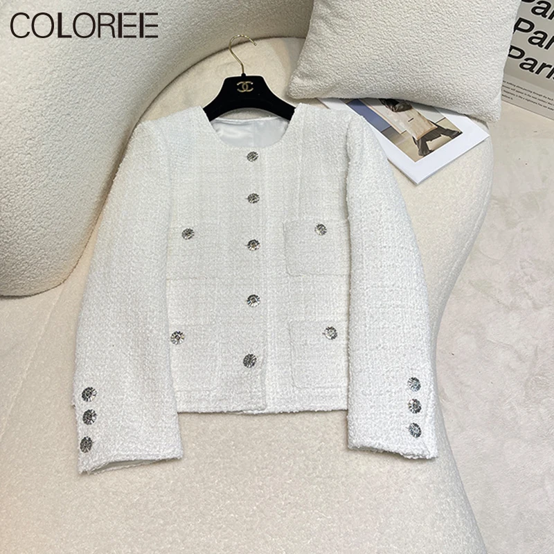

Classical Luxury Clothes Women 2023 Autumn Winter Elegant O-neck White Tweed Jacket Korean Fashion Streetwear Outwears Coats