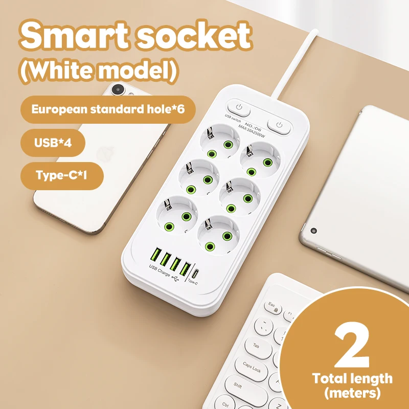 Power Strip EU Plug AC Outlets Multitap Socket 2M Extension Cord Electrical USB Type C Fast Charging Network Filter Adapter