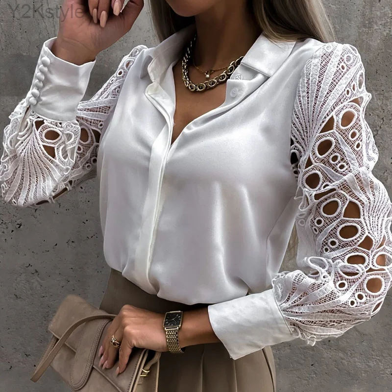 

White Sexy Lace Hollow Out Women Blouse 2023 Spring Black Top Vintage Button Up Shirts Long Sleeve Mesh Design Tops Femme