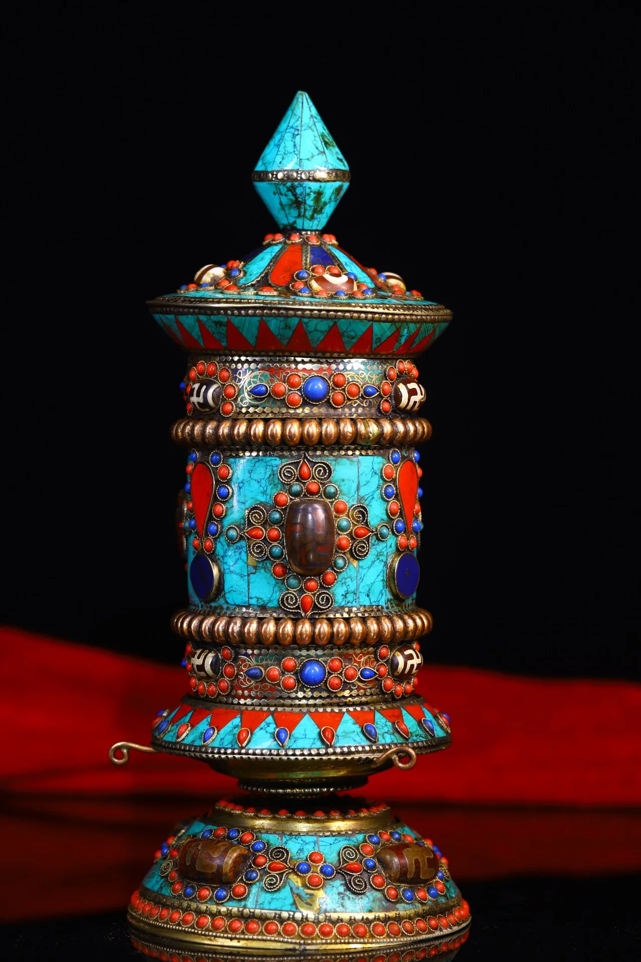 

9"Tibetan Temple Collection Old Bronze Painted Turquoise Mosaic Gem gZi Beads Prayer Wheel Old Scriptures Worship Hall