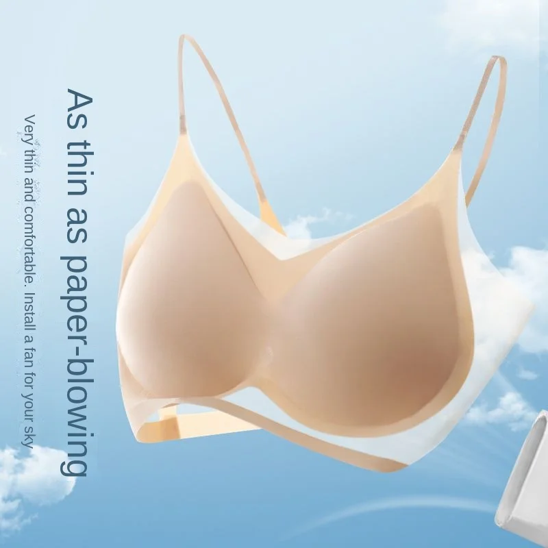 Womens Bra Ultra-Thin Breathable Ice Silk Top Seamless Back Halter Vest Wrap Bra Small Chest Together