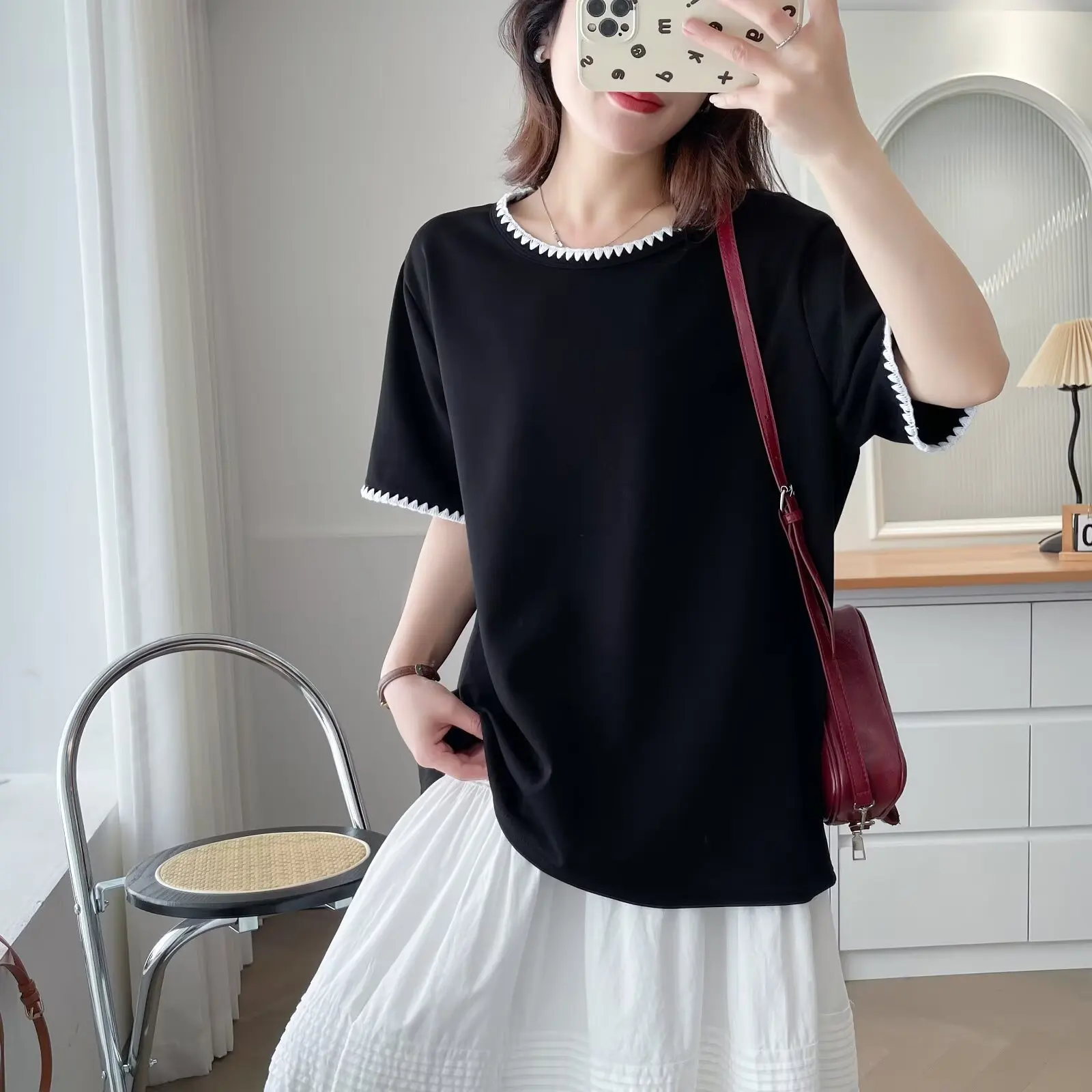 2025 Plus Size Women's Top Summer New Simple Short Sleeve Tees 100kg Casual Chic Block Oclor T-Shirt 033