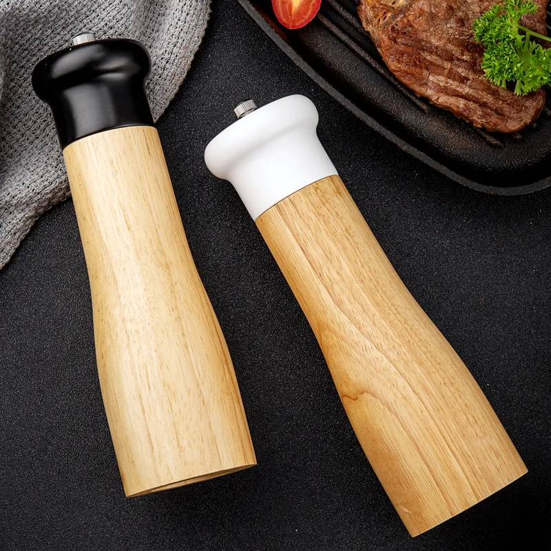 Rubber Wood Top Black White Salt Pepper Grinder Seasoning Spice Mill 8inch
