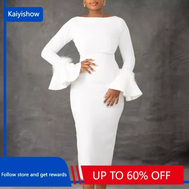 

Осеннее модное однотонное платье-карандаш с расклешенными рукавами, Африканское женское элегантное офисное платье с круглым вырезом и расклешенными рукавами, облегающее женское платье