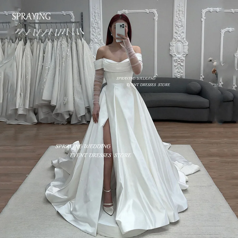 Wedding Gown Spraying Satin Off the Shoulder Pleating Bridal Gown Long Side High Slit Vestidos De Novia Luxury