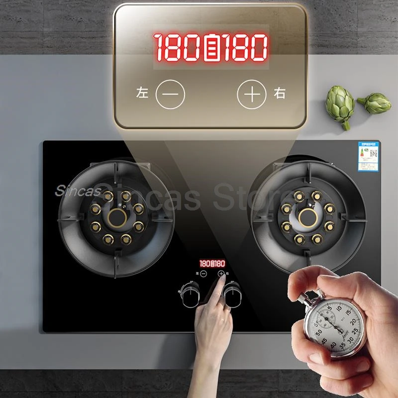 Two-burner Gas Stove Desktop Fierce Fire Kitchen Gas Stove Dual Stove Embedded Nature Gas/LPG Timing Stove Dual-Use Gas Cooker 4