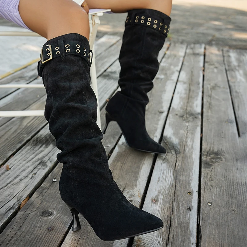 Buckle Strap High Heel Long Boots for Women Fashion Pointed Toe Stiletto Heeled Party Shoes Women Pleated Design Knee High Boots