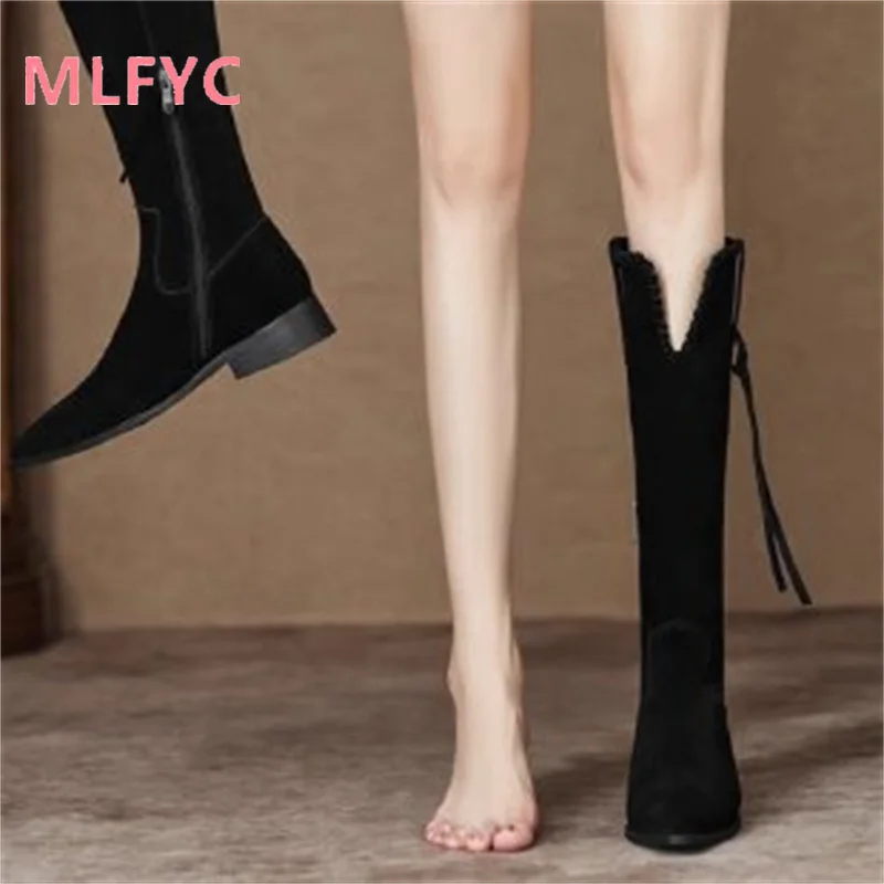 Cowboy boots female boots Brown thick heel round head retro high boots Women's fashionable sexy comfortable boots