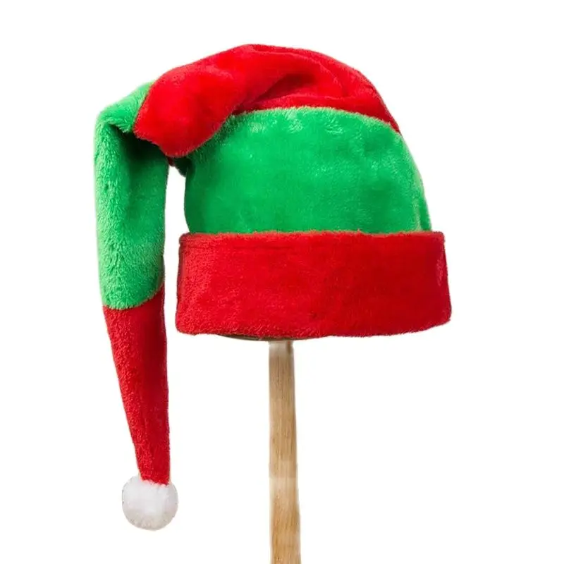 

Lengthened Red and Green Stripes Plush Christmas Hat Holiday Decoration Elf Clown Curved Hat Party Santa Hat