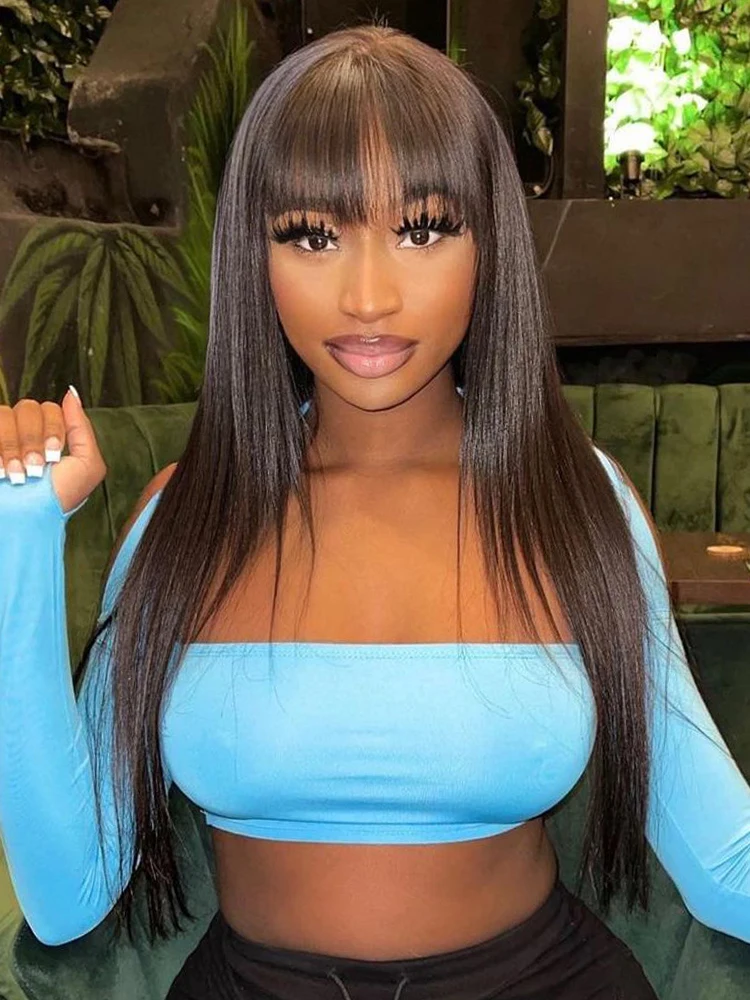 Straight Wig With Bangs Fringe Full Machine Made Bob Human Hair Wigs For Women Brazilian Remy Glueless Natural Black Fringe Wig