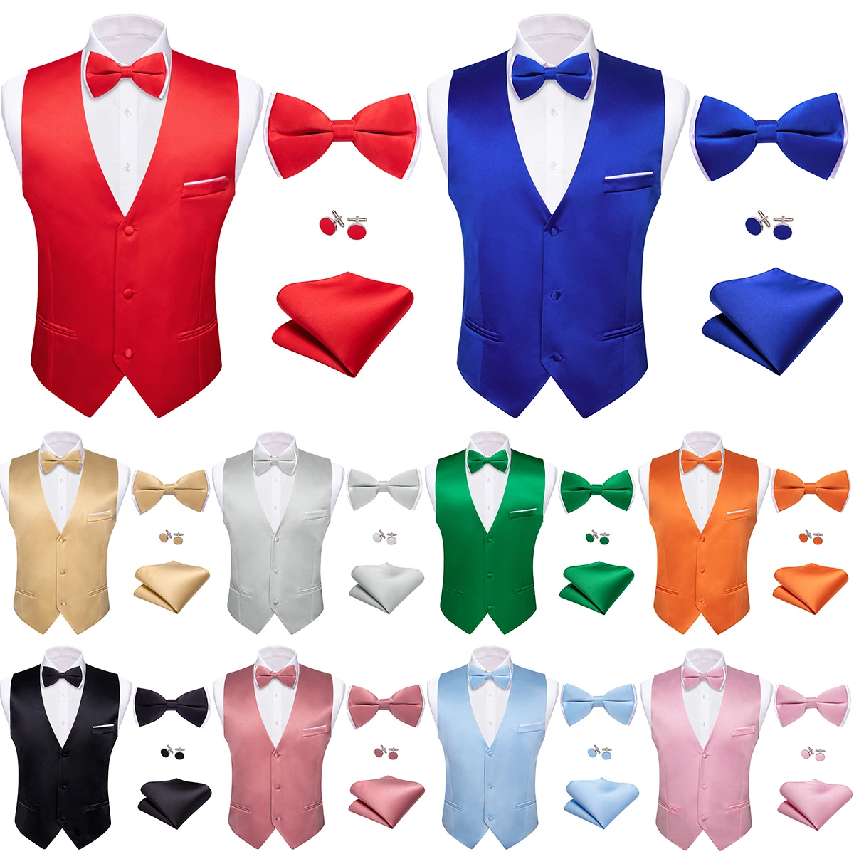 

20 Colors Vest for Men Solid Plain Silk Red Blue Gold Silver Black Waistcoat Bowtie Set Wedding Sleeveless Jacket Barry Wang