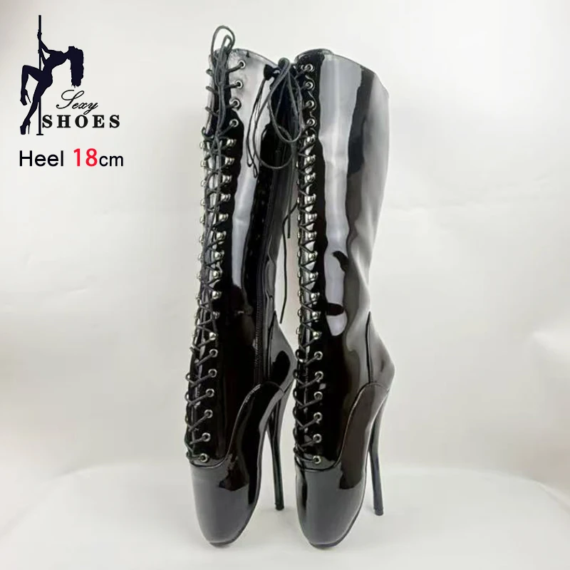 Women 18CM Ultra High heel Black Lace-up Zipper Mid-Calf Boots Plus Size 44 45 46 Sexy Fetish Shoes Woman Stiletto Ballet Boots