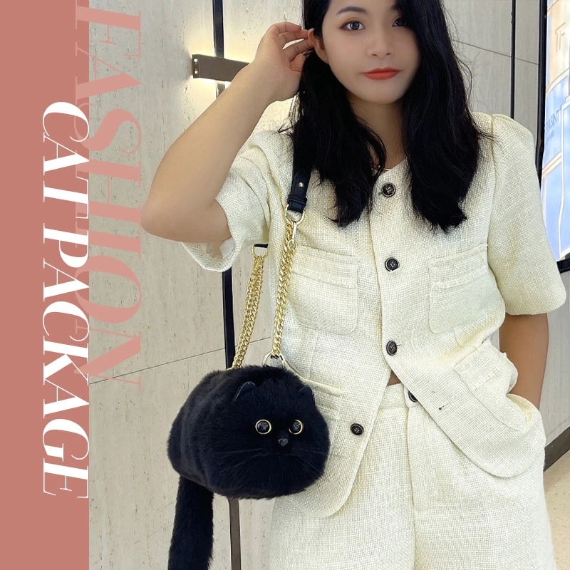 One Shoulder Bag Female Design Small Man Messenger Bag Versatile Hand Made Autumn and Winter Plush Cute Cat Bag 3