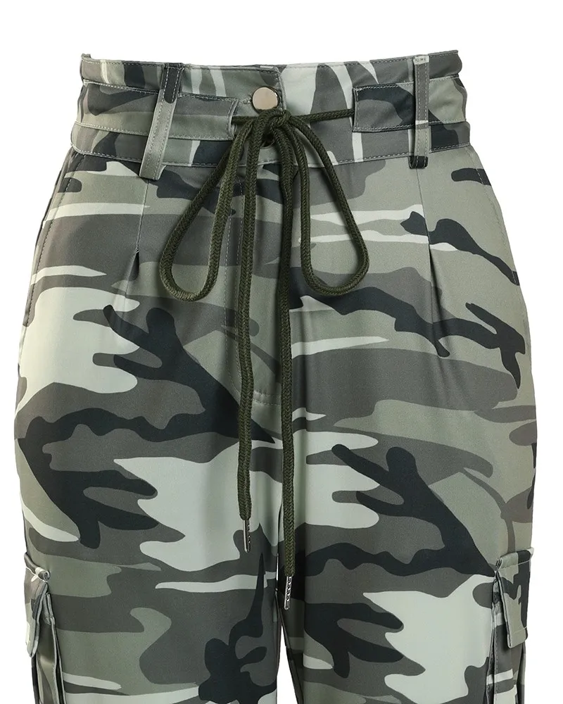 Camouflage Print Drawstring Pocket Design Cargo Pants Women High Waist Cargo Slim Pencil Pants Harem Jogger Trousers Sweatpants