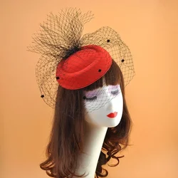 Elevate your look with the Elegant Retro Black Veil Woolen Top Hat Headband. Perfect for special occasions, this refined headpiece blends vintage charm with contemporary elegance. (Red)